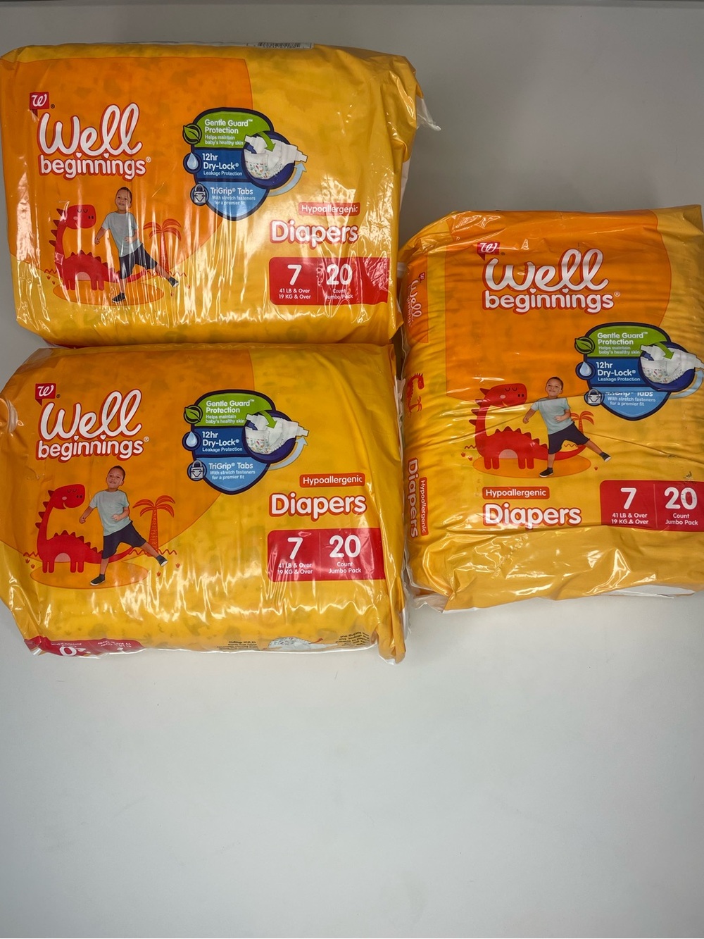 Well Beginnings Size 7 Hypoallergenic Diapers - Yellow Packaging 3 Pack Bundle